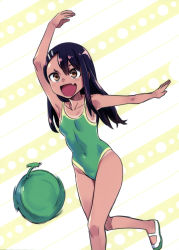 Rule 34 | 774 (nanashi), absurdres, arm up, armpits, black hair, breasts, brown hair, earclip, fang, food, fruit, green one-piece swimsuit, hair ornament, hairclip, highres, ijiranaide nagatoro-san, melon, nagatoro hayase, navel, one-piece swimsuit, open mouth, outstretched arm, simple background, skin fang, small breasts, smile, standing, standing on one leg, swimsuit, tan, tanline, two-tone background, white background, yellow background