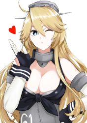 Rule 34 | 1girl, blowing kiss, breasts, collar, collarbone, commentary request, elbow gloves, fingerless gloves, gloves, hair between eyes, headgear, iowa (kancolle), kantai collection, large breasts, long hair, looking at viewer, metal collar, morinaga miki, one eye closed, open mouth, shirt, simple background, standing, star-shaped pupils, star (symbol), symbol-shaped pupils, tied shirt, white background, wrist cuffs