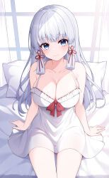 Rule 34 | 1girl, absurdres, alternate costume, armpit crease, ayaka (genshin impact), bare arms, bare shoulders, bed sheet, blue eyes, blunt tresses, breasts, cleavage, closed mouth, dress, genshin impact, hair ribbon, halter dress, halterneck, highres, large breasts, long hair, looking at viewer, pillow, poinia, red ribbon, ribbon, ribbon trim, sitting, sleeveless, sleeveless dress, smile, solo, thighs, tress ribbon, white dress, white hair