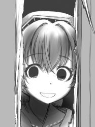 Rule 34 | 1girl, bandana, crossed bangs, ebifly, empty eyes, greyscale, grin, hair between eyes, hair intakes, hair ornament, headgear, here&#039;s johnny! (meme), highres, jingei (kancolle), kantai collection, looking at viewer, meme, monochrome, open mouth, parody, portrait, revision, signature, smile, solo, the shining, yandere