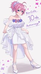 Rule 34 | 1girl, alternate costume, anniversary, aoba (kancolle), blue eyes, blue scrunchie, copyright name, dress, flower, full body, hair ornament, hair scrunchie, highres, hydromoon, kantai collection, messy hair, off-shoulder dress, off shoulder, ponytail, purple hair, scrunchie, skirt hold, solo, white footwear