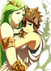Rule 34 | 1boy, 1girl, age difference, bad id, bad pixiv id, blue eyes, brown hair, child, couple, green eyes, green hair, hug, jewelry, kid icarus, kid icarus uprising, lots of jewelry, nintendo, o-yuki, onee-shota, palutena, pit (kid icarus), signature, simple background, wings