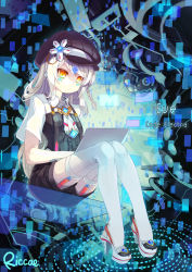 Rule 34 | 1girl, artist name, braid, cabbie hat, code: electra (elsword), computer, elsword, eve (elsword), expressionless, garter straps, hat, long hair, riccae, sitting, solo, tattoo, thighhighs, white hair, yellow eyes