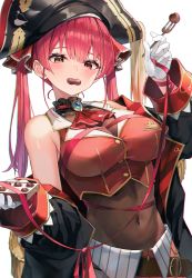 Rule 34 | 1girl, absurdres, ascot, belt, blush, breasts, chocolate, cleavage, covered navel, crop top, epaulettes, food, food in mouth, fork, hat, heterochromia, highres, holding, holding chocolate, holding food, holding fork, hololive, houshou marine, jacket, large breasts, mouth hold, myung yi, off shoulder, pirate hat, red eyes, red hair, red ribbon, ribbon, see-through, see-through cleavage, single bare shoulder, solo, twintails, virtual youtuber, yellow eyes