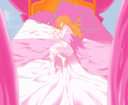Rule 34 | 00s, 1girl, aisaka taiga, barefoot, bed, canopy bed, closed eyes, feet, female focus, fetal position, indoors, lamp, long hair, lying, nightgown, on side, open mouth, orange hair, pillow, pink background, pink theme, shade, sleeping, solo, te2, toradora!