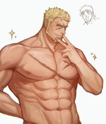 Rule 34 | 2boys, abs, bad id, bad twitter id, bara, beard, blonde hair, blood, blush, chibi, chibi inset, completely nude, facial hair, facial scar, finger to mouth, gyee, heart, highres, large pectorals, looking at viewer, male focus, markus (gyee), mature male, multiple boys, muscular, muscular male, navel, nipples, nosebleed, nude, pectorals, scar, scar on cheek, scar on chest, scar on face, sdz (inazuma), short hair, smile, solo focus, spiked hair, stomach, yaoi, yellow eyes