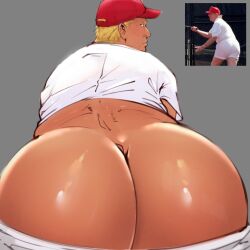 Rule 34 | 1boy, ass, ass focus, blonde hair, closed mouth, donald trump, from behind, grey background, highres, looking back, male focus, paldraws, photo inset, real life, red headwear, shirt, short hair, shorts, simple background, solo, very short hair, white shirt, white shorts