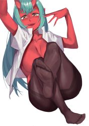 Rule 34 | 1girl, blue hair, breasts, colored skin, demon girl, fang, feet, horns, large breasts, long hair, looking at viewer, no bra, open clothes, open shirt, pantyhose, parted lips, pointy ears, red skin, soles, topless, yellow eyes