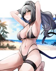 Rule 34 | 1girl, absurdres, animal ear fluff, animal ears, arknights, arms behind head, arms up, beach, bikini, black bikini, black choker, blue sky, blush, breasts, cat ears, cat tail, choker, cleavage, closed mouth, cloud, commentary, day, english commentary, halterneck, high ponytail, highres, kneeling, large breasts, long hair, navel, noir (4chan), ocean, outdoors, palm tree, ponytail, rock, sand, schwarz (arknights), shore, sidelocks, silver hair, sky, solo, swimsuit, tail, thigh strap, thighs, tree, underboob, water, yellow eyes