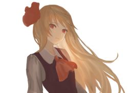 Rule 34 | 1girl, aged up, alternate hairstyle, arms at sides, ascot, bad id, bad pixiv id, black vest, blonde hair, hair ribbon, long hair, long sleeves, looking at viewer, okakan, red eyes, red ribbon, ribbon, rumia, solo, touhou, upper body, vest