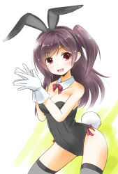 Rule 34 | ahoge, animal ears, black leotard, bow, bowtie, breasts, cleavage, detached collar, gloves, grey thighhighs, hagikaze (kancolle), highres, kantai collection, leotard, long hair, medium breasts, one side up, playboy bunny, purple hair, rabbit ears, rabbit tail, red bow, red bowtie, red eyes, smile, tail, taisinkoku, thighhighs, white gloves