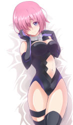 Rule 34 | 1girl, azumaya hironaru, black leotard, black thighhighs, blush, breasts, cleavage, closed mouth, clothing cutout, elbow gloves, fate/grand order, fate (series), gloves, hair over one eye, highres, leotard, looking at viewer, mash kyrielight, medium breasts, midriff, navel, pink hair, purple eyes, shiny skin, short hair, solo, standing, stomach, stomach cutout, thigh strap, thighhighs, white background