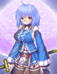 Rule 34 | 1girl, ahoge, armband, asamura hiori, bare shoulders, blue hair, blush, breasts, collarbone, detached sleeves, frills, frown, full moon, fundoshi, garter straps, genderswap, genderswap (mtf), glasses, highres, holding, japanese clothes, large breasts, looking at viewer, moon, morichika rinnosuke, navel, ribbon, short hair, skirt, sleeves past wrists, solo, standing, sword, thighhighs, touhou, vest, weapon, yellow eyes