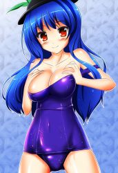 Rule 34 | 1girl, alternate breast size, blue hair, blush, breasts, breasts squeezed together, cleavage, collarbone, female focus, hat, highres, hinanawi tenshi, honda takaharu, large breasts, leaf, long hair, one-piece swimsuit, red eyes, school swimsuit, shiny clothes, simple background, skindentation, smile, solo, strap slip, swimsuit, touhou, wet, wet clothes