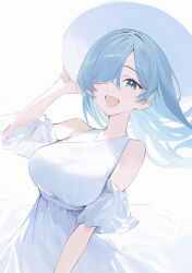 Rule 34 | 1girl, alternate costume, aqua eyes, bare shoulders, blue hair, blush, breasts, commentary, dress, elira pendora, english commentary, fang, hair over one eye, hat, highres, holding, holding clothes, holding hat, large breasts, leaning back, long hair, looking at viewer, medium breasts, nijisanji, nijisanji en, open mouth, simple background, skin fang, sleeveless, sleeveless dress, smile, solo, soybean (hisoybean), sun hat, sundress, upper body, virtual youtuber, white background, white dress, white hat