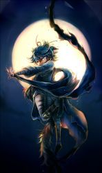 Rule 34 | 10s, 1boy, bandages, blue hair, blue theme, covered mouth, full body, full moon, kuina (escapegoat), looking back, male focus, moon, night, outdoors, sayo samonji, short hair, solo, thighhighs, touken ranbu, v-shaped eyebrows