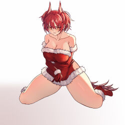 Rule 34 | 1girl, alternate costume, arknights, bare shoulders, boots, breasts, cleavage, commentary request, dress, elbow gloves, fiammetta (arknights), fkskii65, fur-trimmed dress, fur-trimmed gloves, fur trim, gloves, kneeling, large breasts, looking at viewer, pointy hair, red dress, red eyes, red footwear, red gloves, red hair, short dress, short hair, simple background, solo, thick thighs, thighs, white background