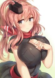 Rule 34 | 10s, 1girl, arched back, bad id, bad tumblr id, black dress, blue eyes, breast pocket, breast press, breasts, brown hair, bursting breasts, cleavage cutout, clothing cutout, dress, hair between eyes, hand on own chest, huge breasts, impossible clothes, jitome, kantai collection, long hair, looking at viewer, neckerchief, pocket, pokoten (pokoten718), ponytail, red neckerchief, saratoga (kancolle), saratoga mk ii (kancolle), side ponytail, sidelocks, smokestack, solo, upper body, white dress
