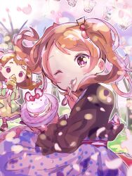 Rule 34 | 2girls, brown hair, closed mouth, dress, falling petals, floating hair, hair ornament, highres, holding, holding food, holding ice cream, holding spoon, ice cream, looking at viewer, looking to the side, multiple girls, nonta0122, one eye closed, petals, polka dot, ponytail, spoon, tree, utensil in mouth