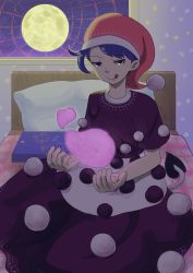 Rule 34 | 1girl, :q, bad id, bad pixiv id, bed, blob, blue eyes, blue hair, book, doremy sweet, dress, full moon, hat, highres, matching hair/eyes, moon, nightcap, nil leaf, on bed, pillow, pom pom (clothes), ringo (touhou), seiran (touhou), short hair, sitting, sky, solo, star (sky), star (symbol), star print, starry sky, tail, tapir tail, tongue, tongue out, touhou