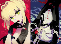 Rule 34 | 1boy, 1girl, ahoge, arms up, beard, black dress, black gloves, black jacket, blonde hair, blood, blue eyes, blush, braid, breasts, character name, cleavage, collarbone, cosmetics, covered collarbone, dress, facial hair, fate/apocrypha, fate/extra, fate (series), floral background, forehead, gloves, green eyes, hair between eyes, hair bun, hair intakes, hands up, highres, holding, jacket, koshiro itsuki, light brown hair, lipstick, lipstick tube, long sleeves, lying, makeup, medium breasts, mustache, nero claudius (fate), nero claudius (fate) (all), nero claudius (fate/extra), on back, parted bangs, parted lips, red lips, rose background, sidelocks, single hair bun, sleeveless, sleeveless dress, translation request, vlad iii (fate/apocrypha), vlad iii (formal dress) (fate)