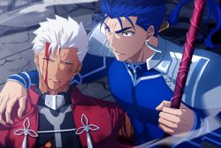 Rule 34 | 2boys, akujiki59, anger vein, archer (fate), arm around shoulder, armor, blood, blood from mouth, blood on face, blue bodysuit, blue hair, bodysuit, broken armor, cu chulainn (fate), cu chulainn (fate/stay night), dark-skinned male, dark skin, fate/stay night, fate (series), frown, gae bolg (fate), holding, holding polearm, holding spear, holding weapon, injury, leaning on person, male focus, multiple boys, nosebleed, official style, pectorals, polearm, ponytail, red eyes, short hair, spear, spiked hair, toned, toned male, upper body, weapon, white hair