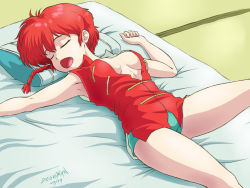Rule 34 | 1girl, artist name, braid, breasts, chinese clothes, dated, diego dkan, closed eyes, female focus, futon, genderswap, genderswap (mtf), green shorts, lying, on back, on bed, on floor, open clothes, open mouth, open shirt, ranma-chan, ranma 1/2, red hair, red shirt, saotome ranma, shirt, short sleeves, shorts, single braid, sleeping, solo, tangzhuang