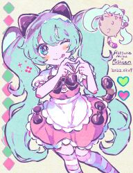 Rule 34 | 1girl, animal ears, apron, blue eyes, blue hair, cat ears, cat girl, cat tail, character name, closed mouth, commentary request, cosplay, crossover, dated, dress, feet out of frame, frilled dress, frills, hands up, hatsune miku, hatsune miku (cosplay), heart, heart hands, highres, kemonomimi mode, kiato, long hair, looking at viewer, miku day, one eye closed, pink dress, puffy short sleeves, puffy sleeves, pusheen the cat, pusheen the cat (series), short sleeves, smile, solo, standing, striped clothes, striped tail, striped thighhighs, tail, thighhighs, tongue, tongue out, twintails, very long hair, vocaloid, waist apron, white apron