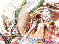 Rule 34 | 1girl, breasts, character request, closed mouth, cover, cover page, dragon, eastern dragon, fish, flower, hair between eyes, holding, holding jewelry, holding necklace, japanese clothes, jewelry, kimono, medium breasts, navel, necklace, open clothes, open kimono, partially submerged, red eyes, red flower, seahorse, smile, solo, touge oni, tsuru (clainman), white hair