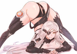 Rule 34 | 1girl, absurdres, alchemist (girls&#039; frontline), artist request, ass, between buttocks, black panties, boots, breast press, breasts, elbow gloves, eyepatch, fingerless gloves, girls&#039; frontline, gloves, grin, highres, jack-o&#039; challenge, large breasts, long hair, looking at viewer, panties, sangvis ferri, sarong, shiny skin, silver hair, smile, solo, thigh boots, thighhighs, thighs, thong, top-down bottom-up, underwear, very long hair, white background, yellow eyes
