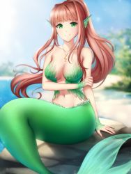 Rule 34 | 1girl, artist name, bare arms, bare shoulders, blurry, blurry background, blush, breasts, cleavage, closed mouth, collarbone, commentary, day, depth of field, doki doki literature club, english commentary, fins, gigamessy, green eyes, head fins, high ponytail, jewelry, large breasts, long hair, looking at viewer, mermaid, monika (doki doki literature club), monster girl, navel, necklace, on rock, outdoors, pendant, rock, scales, sidelocks, sitting, smile, solo, strapless, treble clef, very long hair