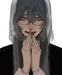 Rule 34 | 1girl, black nails, blood, blood from mouth, blood on face, commentary, glasses, grey eyes, grey hair, hair between eyes, hashtag-only commentary, highres, hoshi san 3, long hair, looking at viewer, lower teeth only, nail polish, open mouth, original, own hands together, semi-rimless eyewear, simple background, solo, teeth, under-rim eyewear, upper body, white background