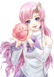 Rule 34 | 1girl, 2017, :d, artist name, detached sleeves, gundam, gundam seed, hair ornament, hands up, haro, holding, lacus clyne, long hair, long sleeves, looking at viewer, morere, open mouth, pink hair, pink lips, purple eyes, purple skirt, shirt, signature, simple background, skirt, smile, solo, white background, white shirt, white sleeves