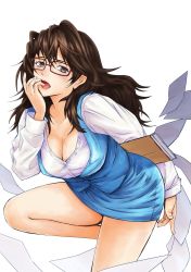 Rule 34 | 1girl, bad id, bad pixiv id, bare legs, breasts, brown eyes, brown hair, cleavage, envelope, finger to mouth, glasses, highres, large breasts, long hair, manila envelope, miniskirt, office lady, ootori ichiraku, open mouth, original, paper, red-framed eyewear, skirt, solo
