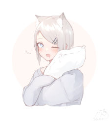 Rule 34 | 1girl, absurdres, animal ear fluff, animal ears, blue eyes, blush, brown background, commentary request, cropped torso, dated, drooling, fang, grey hair, grey sweater, hair ornament, hairclip, highres, long sleeves, mayogii, hugging object, one eye closed, open mouth, original, pillow, pillow hug, saliva, short hair, signature, sleepy, solo, sweater, two-tone background, upper body, wavy mouth, white background