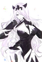 Rule 34 | 1girl, breasts, camilla (fire emblem), cleavage, finger to mouth, fire emblem, gloves, hair over one eye, highres, index finger raised, large breasts, legs, leotard, long hair, looking at viewer, nintendo, purple eyes, seductive gaze, seductive smile, smile, solo, thighs, very long hair