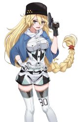 Rule 34 | 1girl, black hat, blonde hair, blue eyes, blue shawl, braid, breast pocket, breasts, commission, cosplay, fur hat, gambier bay (kancolle), gambier bay (kancolle) (cosplay), gloves, gun, handgun, hat, highres, holding, holding gun, holding weapon, kantai collection, large breasts, long braid, long hair, multicolored clothes, multicolored gloves, nico-mo, original, papakha, personification, pocket, shawl, shorts, single braid, solo, star-shaped pupils, star (symbol), symbol-shaped pupils, thighhighs, uss petrof bay (cve-80), very long hair, weapon