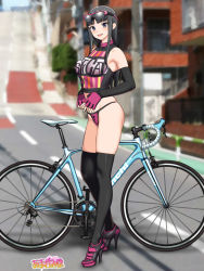 Rule 34 | 1girl, :d, amagamido, bare shoulders, bike jersey, bikini, bikini bottom only, black footwear, black hair, black thighhighs, blue eyes, blurry, blurry background, blush, breasts, clothes writing, copyright name, day, elbow gloves, eyewear on head, fingerless gloves, full body, gloves, high heel sneakers, high heels, highres, looking at viewer, medium breasts, nanase-chan ntr!, nanase (amagamido), no pants, open mouth, outdoors, over-rim eyewear, pink-framed eyewear, pink bikini, pink gloves, road, semi-rimless eyewear, sidelocks, skindentation, sleeveless, smile, solo, sports bikini, sportswear, standing, street, swimsuit, thighhighs, town
