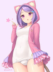 Rule 34 | 1girl, animal ears, blush, cat ears, covered navel, cowboy shot, hair ornament, hairclip, hand up, hood, hood up, hooded jacket, jacket, long sleeves, looking at viewer, medium hair, one-piece swimsuit, original, outline, parted lips, pink background, pink eyes, pink jacket, purple eyes, purple hair, sasaame, solo, standing, star (symbol), swimsuit, tail, twitter username, white one-piece swimsuit, white outline
