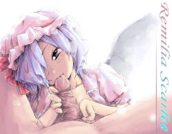 Rule 34 | 1girl, blue hair, censored, fellatio, hair over one eye, ham (points), naughty face, oral, penis, pov, remilia scarlet, solo focus, touhou