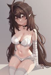 Rule 34 | 1girl, absurdres, ahoge, arms at sides, bandaged arm, bandages, bare shoulders, black nails, breasts, brown eyes, brown hair, bustier, choker, cleavage, closed mouth, hair between eyes, head tilt, heart, heart choker, highres, huge ahoge, large breasts, long hair, looking at viewer, messy hair, micro shorts, midriff, navel, original, pointy ears, shorts, simple background, sitting, sky above me, smile, solo, strapless, thighhighs, very long hair, white bustier, white shorts, white thighhighs