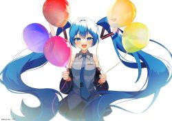 Rule 34 | 1girl, absurdres, balloon, bare shoulders, black skirt, black sleeves, blue eyes, blue hair, blue nails, blue necktie, commentary, cowboy shot, detached sleeves, grey shirt, hair ornament, happy birthday, hatsune miku, highres, holding, holding balloon, light particles, long hair, looking at viewer, miniskirt, nail polish, necktie, niwa (niwaniwa 1227), open mouth, pleated skirt, shirt, skirt, sleeveless, sleeveless shirt, smile, solo, twintails, twitter username, very long hair, vocaloid, white background