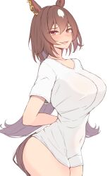 Rule 34 | 1girl, absurdres, animal ears, arms behind back, blush, breasts, brown hair, collarbone, commentary request, covered navel, highres, himuraanzu, horse ears, horse girl, large breasts, long hair, looking at viewer, naked shirt, open mouth, red eyes, shirt, short sleeves, simple background, sirius symboli (umamusume), smile, solo, thighs, umamusume, white background