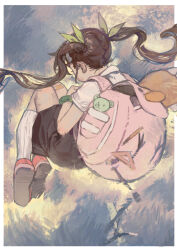 Rule 34 | 1girl, abstract background, animal bag, backpack, bag, bandaid, bandaid on knee, bandaid on leg, black skirt, border, bracelet, brown hair, chinese commentary, eraser, facing away, floating, floating hair, from behind, full body, green ribbon, grey background, hachikuji mayoi, hair ribbon, hairband, highres, holding strap, jewelry, kneehighs, knees up, long hair, monogatari (series), multicolored background, pencil, pink footwear, ribbed socks, ribbon, set square, shirt, shoes, short sleeves, skirt, socks, solipsist, solo, stuffed animal, stuffed toy, teddy bear, twintails, white border, white hairband, white shirt, white socks