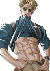 Rule 34 | 1boy, abs, blonde hair, clothes in mouth, collared shirt, cowboy shot, goggles, highres, jujutsu kaisen, large pectorals, lifted by self, long sleeves, male focus, mayo (myaoruki), mouth hold, muscular, muscular male, nanami kento, pectorals, shirt, shirt in mouth, short hair, solo, underpec, undressing
