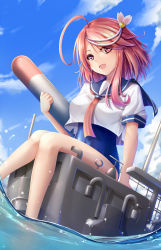 Rule 34 | 1girl, absurdres, ahoge, blue one-piece swimsuit, blue sky, breasts, cloud, day, hair ornament, highres, holding, holding torpedo, i-58 (kancolle), kantai collection, medium breasts, neckerchief, one-piece swimsuit, orange neckerchief, outdoors, pink eyes, pink hair, school swimsuit, school uniform, seiya (iiseven), serafuku, short hair, sitting, sky, soaking feet, solo, swimsuit, swimsuit under clothes, torpedo