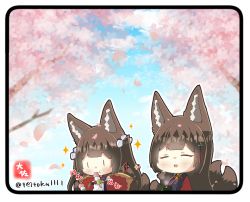 Rule 34 | 2girls, :d, ^ ^, amagi-chan (azur lane), amagi (azur lane), animal ears, azur lane, blunt bangs, brown hair, cherry blossoms, closed eyes, commentary request, cup, dango, eating, food, fox ears, fox girl, fox tail, green tea, hair ornament, hanami, holding, holding cup, holding skewer, japanese clothes, kimono, kitsune, kyuubi, long hair, long sleeves, looking at viewer, multiple girls, multiple tails, name connection, off shoulder, open mouth, petals, rope, sanshoku dango, shimenawa, sidelocks, signature, skewer, smile, sparkle, steam, tail, taisa (kari), tea, thick eyebrows, twintails, twitter username, wagashi, wide sleeves, yunomi