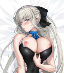 Rule 34 | 1girl, bed sheet, black dress, blonde hair, blue eyes, blush, bow, braid, breasts, clothes pull, dress, dress pull, fate/grand order, fate (series), french braid, hair bow, highres, large breasts, long hair, looking at viewer, lying, morgan le fay (fate), nipple slip, nipples, okitakung, on back, solo