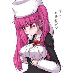 Rule 34 | 1girl, bleach, blush, grabbing another&#039;s breast, breasts, commentary request, dokugamine riruka, dress, grabbing, hanya (hanya yashiki), hat, large breasts, long hair, looking down, pink hair, purple eyes, translation request, twintails