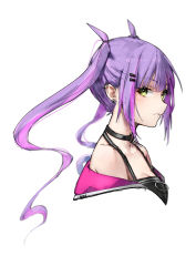 Rule 34 | 1girl, black camisole, black choker, breasts, camisole, choker, cleavage, commentary, ear piercing, english commentary, eyelashes, from side, green eyes, hair ornament, hairclip, halterneck, halterneck, highres, hololive, jacket, long hair, looking at viewer, medium breasts, multicolored hair, no headwear, no headwear, o-ring, o-ring choker, off-shoulder jacket, off shoulder, parted lips, piercing, pink hair, pointy ears, portrait, purple hair, simple background, solo, streaked hair, sumi (oyasumie), tokoyami towa, twintails, two-tone hair, virtual youtuber, white background, white jacket